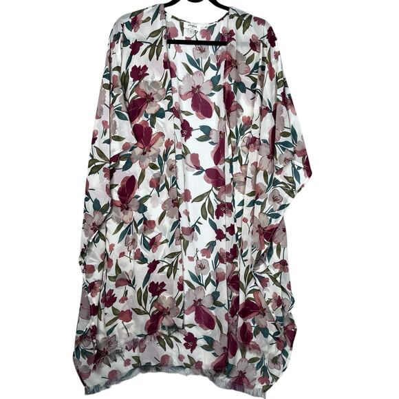 UMGEE Cream White Mixed Floral Open Front Kimono Women Sz S/M Boho Fringe - Picture 1 of 7